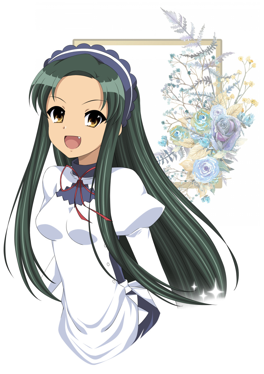 1girl :d absurdres breasts fang flower forehead green_hair gurobeya highres long_hair long_sleeves maid maid_headdress medium_breasts neck_ribbon official_alternate_costume open_mouth puffy_long_sleeves puffy_sleeves red_ribbon ribbon simple_background smile solo suzumiya_haruhi_no_yuuutsu tsuruya very_long_hair waitress white_background