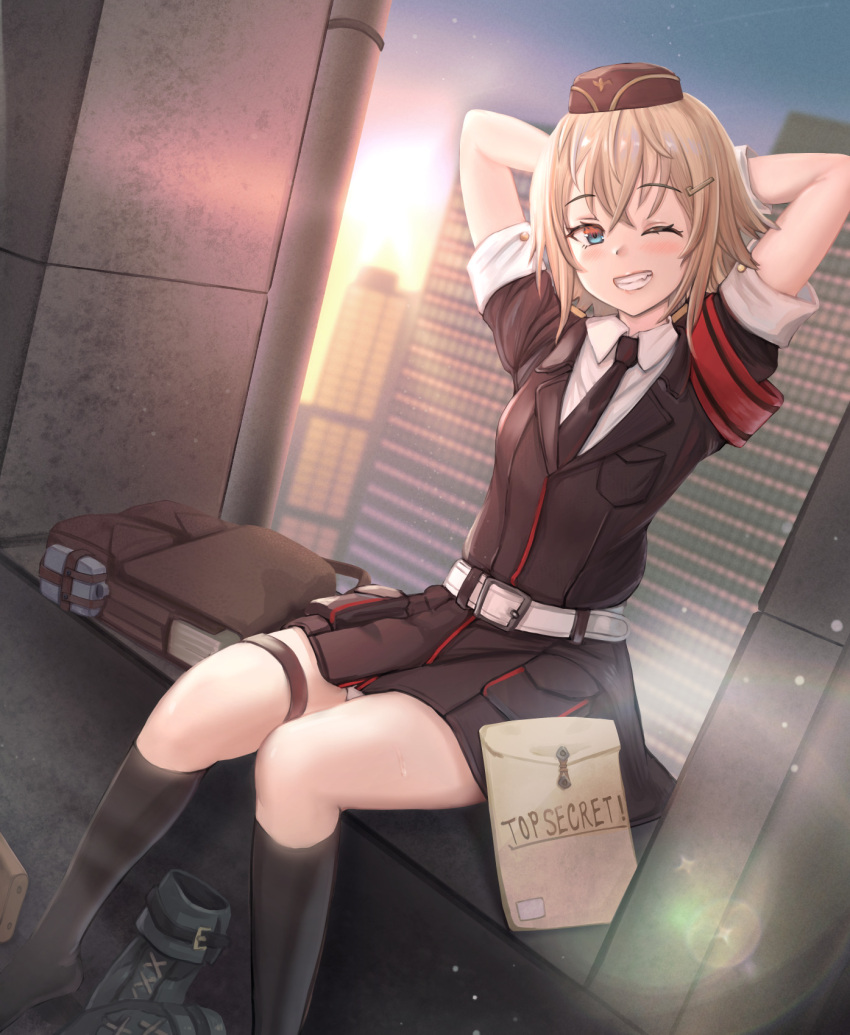 1girl arms_behind_head belt black_headwear black_jacket black_necktie black_socks blonde_hair blue_eyes blush boots boots_removed brown_bag building canteen commentary commission english_text envelope foot_out_of_frame garrison_cap girls_frontline grin hair_ornament hairclip hat highres industrial_pipe jacket kneehighs looking_at_viewer manila_envelope military military_hat military_uniform mp41_(girls'_frontline) necktie one_eye_closed pouch red_armband shirt short_hair short_sleeves sitting skirt skyscraper smile socks solo sugawara_you sunrise thigh_strap uniform white_belt white_shirt white_skirt white_wrist_cuffs wrist_cuffs