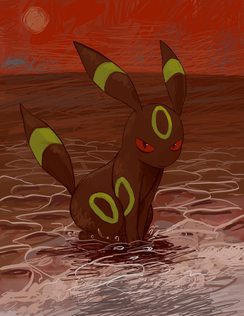 animal_focus closed_mouth full_body highres looking_at_viewer nishinori_(24no71) no_humans outdoors pokemon pokemon_(creature) red_sky sitting sky solo sun umbreon water