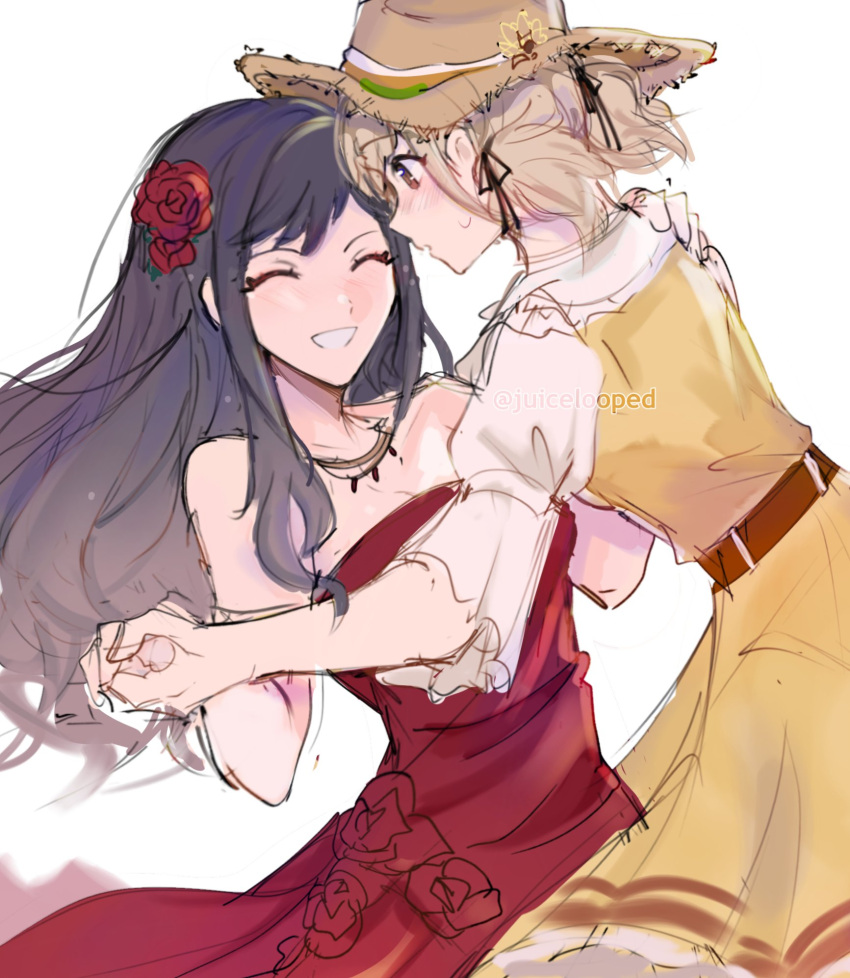 2girls aozora_ni_negau_your_happiness!_(project_sekai) azusawa_kohane bare_shoulders black_hair blush brown_eyes closed_eyes commentary cowboy_shot dress english_commentary facing_another flower grin hair_flower hair_ornament hand_on_another's_shoulder hat highres holding_hands juicelooped light_brown_hair long_hair looking_at_another multiple_girls official_alternate_costume official_alternate_hairstyle project_sekai red_dress red_flower shiraishi_an short_twintails smile sun_hat teeth the_vivid_old_tale_(project_sekai) twintails white_background yuri