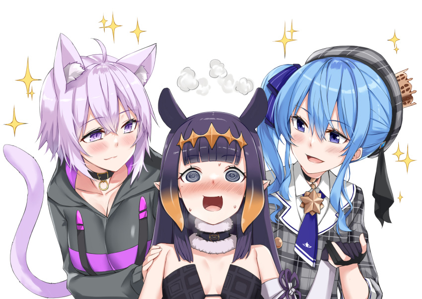 3girls @_@ ahoge animal_ear_fluff animal_ears asymmetrical_hair beret black_collar black_dress black_gloves black_hoodie blue_choker blue_eyes blue_hair blue_necktie blunt_bangs blush breasts cat_ears cat_girl cat_tail choker closed_mouth collar collared_shirt commentary crown detached_collar detached_sleeves dress extra_ears fang flat_chest fur-trimmed_collar gloves gradient_hair grey_headwear grey_jacket hair_between_eyes hand_on_another's_shoulder hat head_steam highres holding_hands hololive hololive_english hood hood_down hoodie hoshimachi_suisei hoshimachi_suisei_(1st_costume) jacket kosuke_(bb) light_blue_hair light_purple_hair long_hair long_sleeves looking_at_another medium_breasts mini_crown mole mole_under_eye multicolored_hair multiple_girls necktie nekomata_okayu nekomata_okayu_(1st_costume) ninomae_ina'nis ninomae_ina'nis_(1st_costume) open_mouth orange_hair plaid plaid_headwear plaid_jacket pointy_ears purple_hair shirt short_hair side_ponytail sidelocks simple_background single_sleeve skin_fang small_breasts smile sparkle star_(symbol) star_choker star_in_eye strapless strapless_dress symbol_in_eye tail tentacle_hair tilted_headwear tube_dress two-tone_hair upper_body violet_eyes virtual_youtuber white_background white_shirt wing_collar yuri