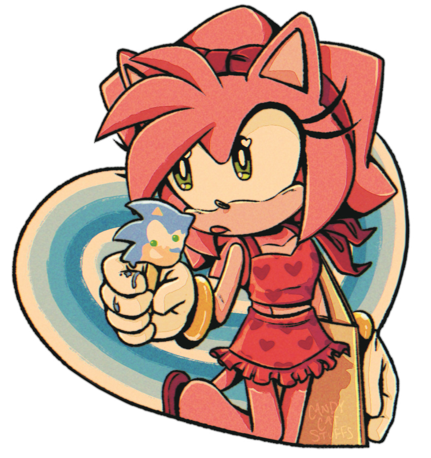 1girl alternate_costume amy_rose animal_ears animal_nose bag bikini bikini_skirt bracelet candycatstuffs commentary english_commentary food frilled_bikini frills furry furry_female gloves green_eyes hairband heart heart_in_eye heart_print highres holding_popsicle jewelry popsicle print_bikini red_bikini simple_background solo sonic_(series) sonic_the_hedgehog swimsuit symbol_in_eye tail tongue tongue_out transparent_background white_gloves
