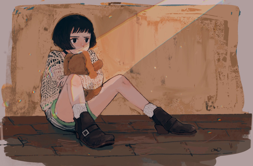 1girl belt_boots black_choker black_hair black_shirt blunt_bangs bob_cut boots choker commentary full_body furrowed_brow green_shorts highres holding holding_stuffed_toy knees_up lace-trimmed_sweater leon_the_professional light_frown light_rays looking_ahead mathilda_lando multicolored_clothes multicolored_shorts object_hug on_floor onobane serious shirt short_hair short_shorts shorts sitting socks solo striped striped_shorts stuffed_animal stuffed_rabbit stuffed_toy sunbeam sunlight sweater white_shorts white_socks white_sweater wooden_floor