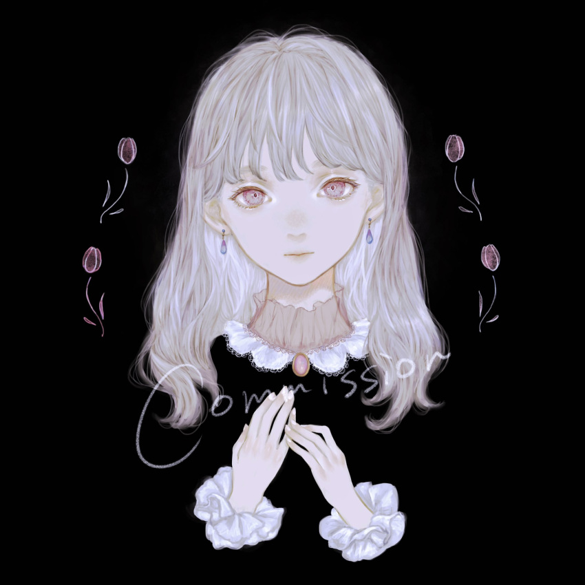1girl black_background blending brooch commission earrings expressionless flower grey_eyes highres jewelry long_hair looking_at_viewer original own_hands_together shirone_(coxo_ii) simple_background solo straight-on tulip upper_body white_hair