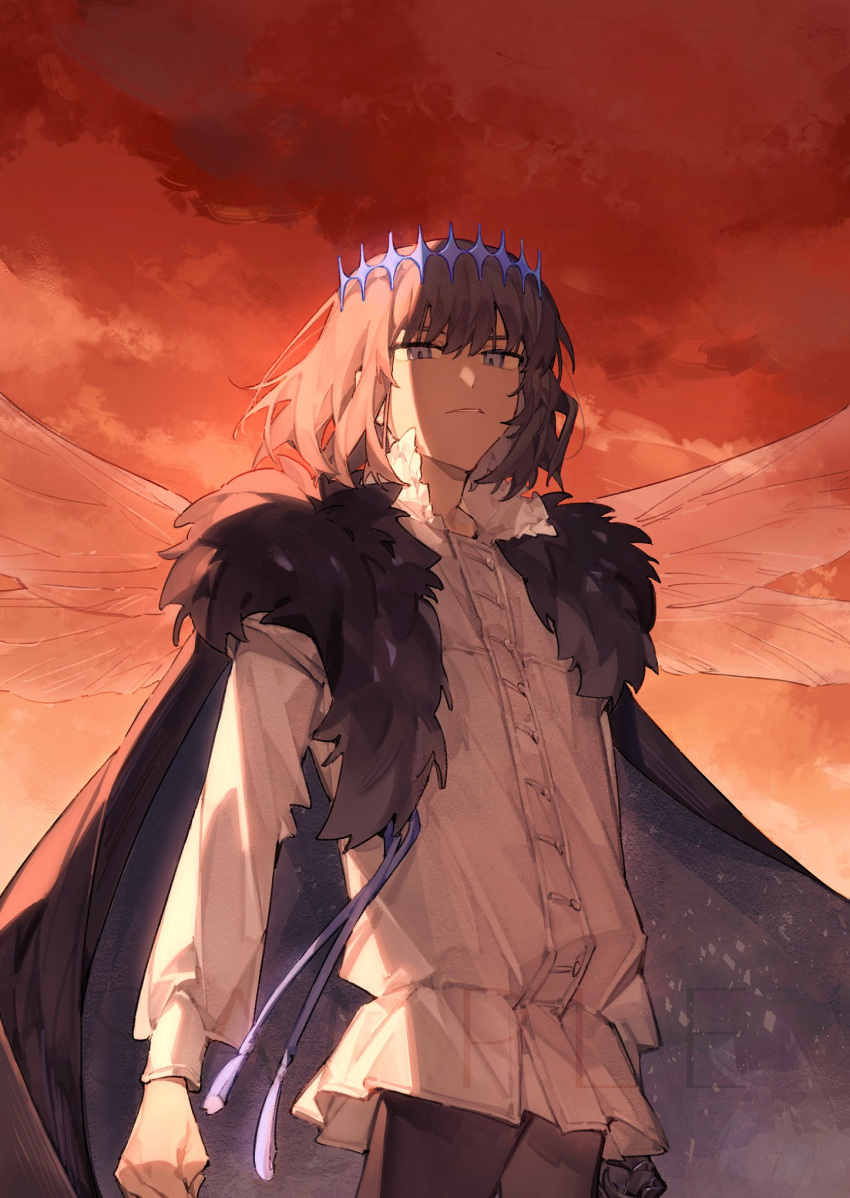 1boy arthropod_boy blue_eyes cape collared_shirt cowboy_shot crown diamond_hairband dragonfly_wings fate/grand_order fate_(series) fur-trimmed_cape fur_trim grey_hair highres insect_wings long_sleeves looking_at_viewer male_focus medium_hair oberon_(fate) oberon_(third_ascension)_(fate) s95156 shirt solo white_shirt wings