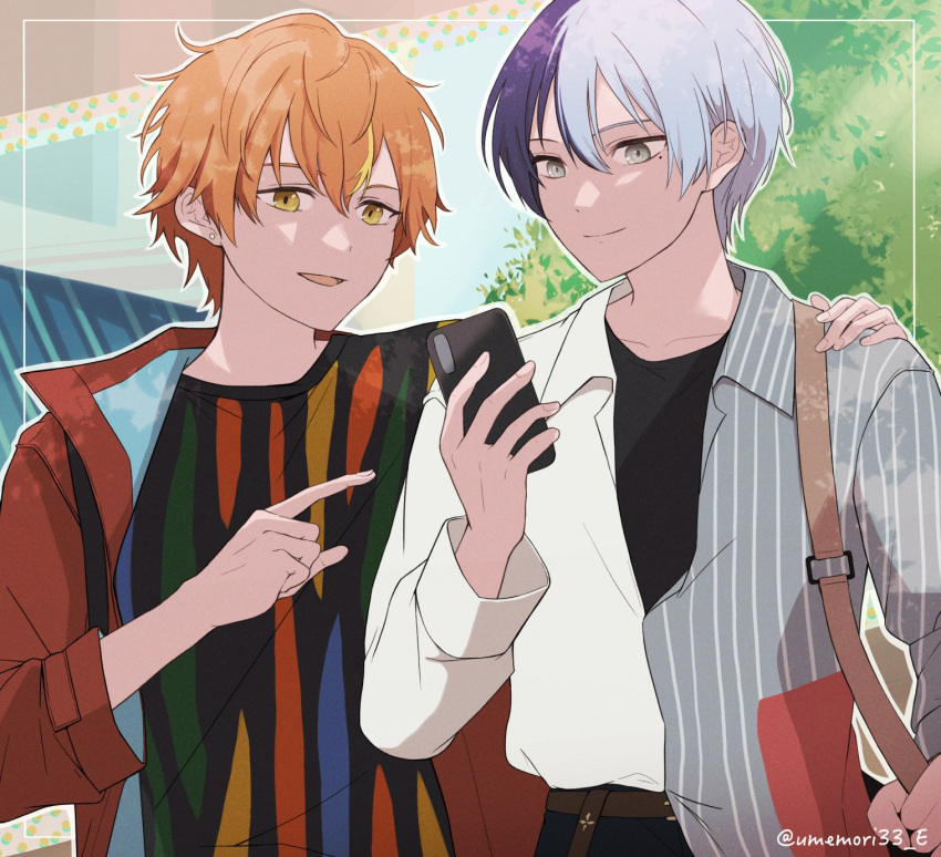 2boys aoyagi_touya bag belt black_shirt blonde_hair blue_hair closed_mouth collared_shirt commentary_request dark_blue_hair earrings fingernails grey_shirt hair_between_eyes hand_on_another's_shoulder highres holding holding_phone index_finger_raised jewelry long_sleeves male_focus mole mole_under_eye multicolored_hair multiple_boys open_mouth orange_hair outdoors phone pointing project_sekai shinonome_akito shirt short_hair shoulder_bag split-color_hair streaked_hair stud_earrings two-tone_hair umemori33_e upper_body yellow_eyes