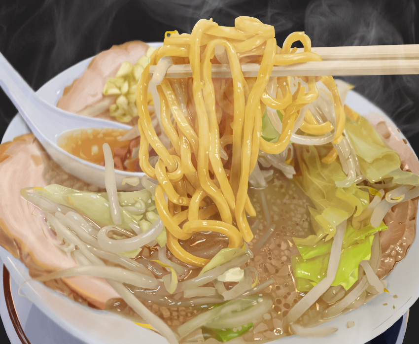 absurdres black_background bowl cabbage chopsticks food food_focus highres meat no_humans noodles original ramen soup spoon steam still_life tainosuke