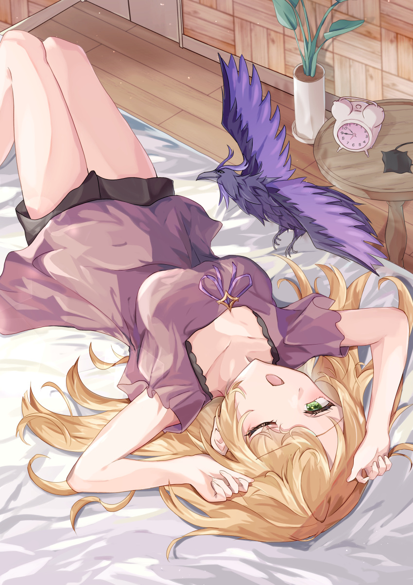 1girl absurdres alarm_clock bed bed_sheet bird blonde_hair blush breasts camisole clock crow fischl_(genshin_impact) genshin_impact green_eyes highres long_hair looking_at_viewer medium_breasts messy_hair morning one_eye_closed oz_(genshin_impact) plant potted_plant purple_camisole sunlight user_nevc8573 waking_up yawning
