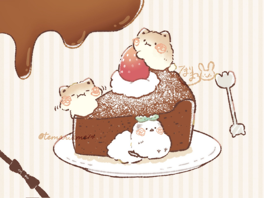 bird blush cake chicken chocolate closed_eyes closed_mouth cream eating food fork fruit hamster highres original plate strawberry temariame14