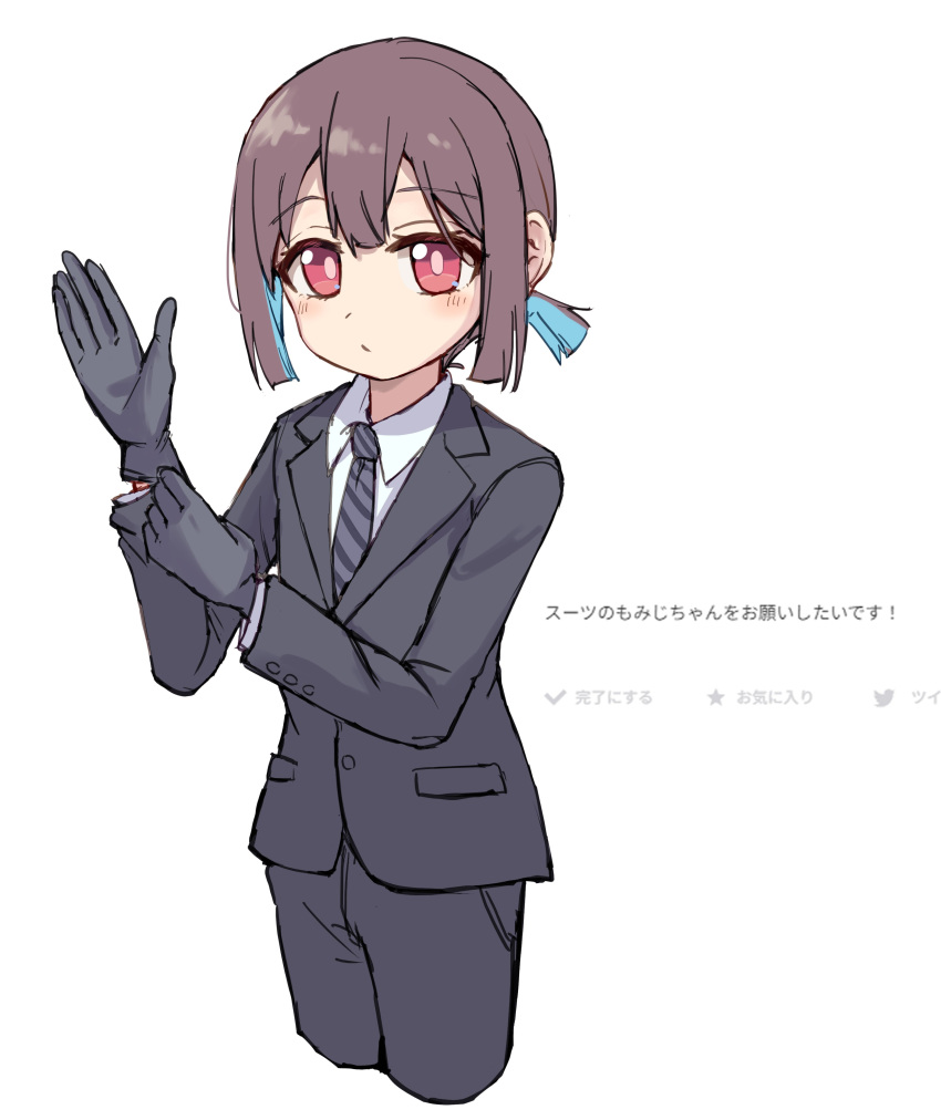 1girl absurdres alternate_costume black_gloves black_jacket black_pants blue_hair brown_hair commentary cropped_legs diagonal-striped_necktie formal glove_pull gloves highres hozuki_momiji jacket long_sleeves looking_at_viewer multicolored_hair nekomotowata onii-chan_wa_oshimai! pant_suit pants red_eyes shirt short_hair short_ponytail simple_background solo suit tomboy translated tuxedo two-tone_hair white_background white_shirt wing_collar young