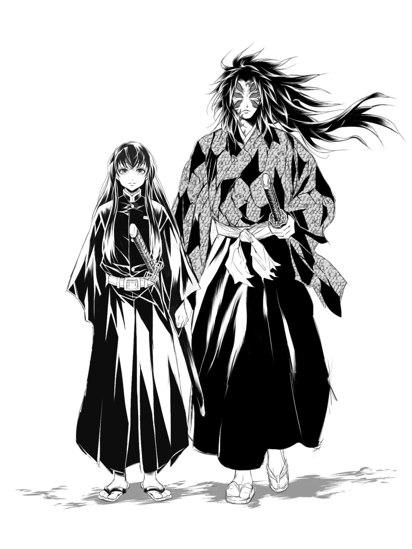 2boys belt colored_sclera demon_boy demon_slayer_uniform expressionless extra_eyes facial_mark floating_hair full_body greyscale height_difference highres holding holding_sword holding_weapon katana kimetsu_no_yaiba kokushibou long_hair long_sleeves looking_at_viewer male_focus monochrome multiple_boys sidelocks simple_background sleeves_past_fingers sleeves_past_wrists standing straight-on sword tabi tagimane01 tokitou_muichirou walking weapon wide_sleeves zouri