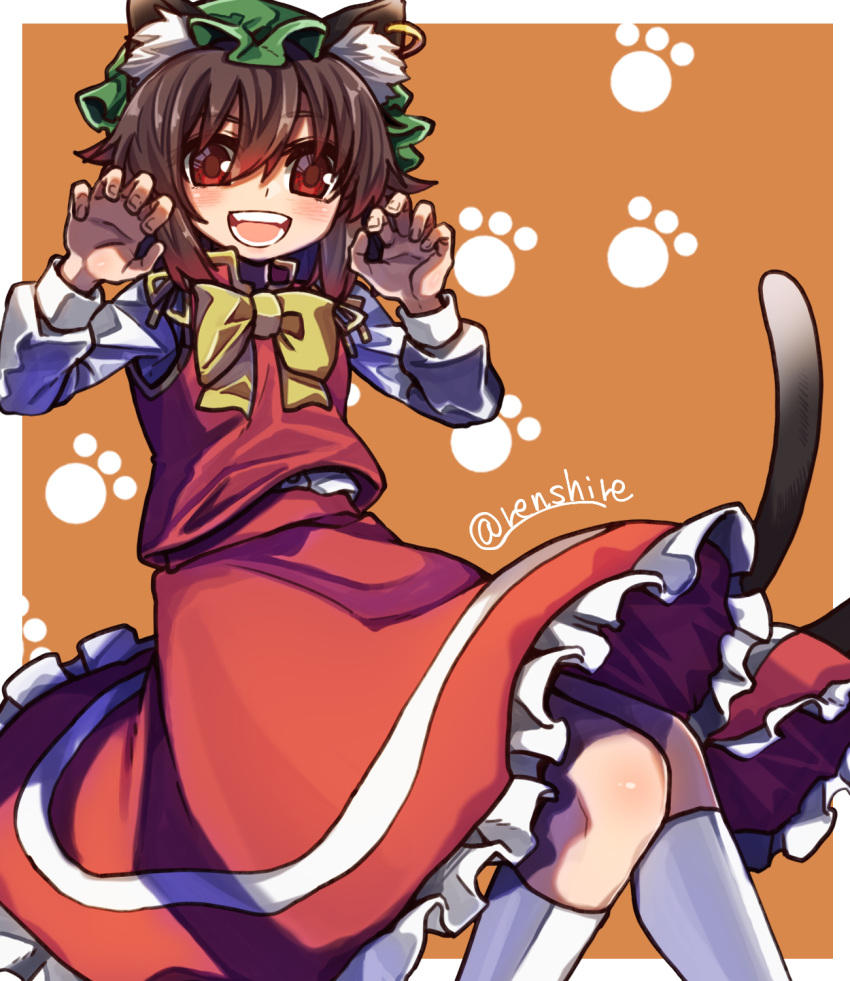 1girl :d animal_ears bow bowtie brown_eyes brown_hair cat_ears cat_tail chen commentary_request earrings feet_out_of_frame frilled_skirt frills green_headwear hat high_heels highres jewelry long_sleeves looking_at_viewer mob_cap multiple_tails nekomata one-hour_drawing_challenge open_mouth red_footwear red_shirt red_skirt renshirenji shirt simple_background single_earring skirt smile socks solo tail touhou twitter_username two_tails white_background white_socks yellow_bow yellow_bowtie