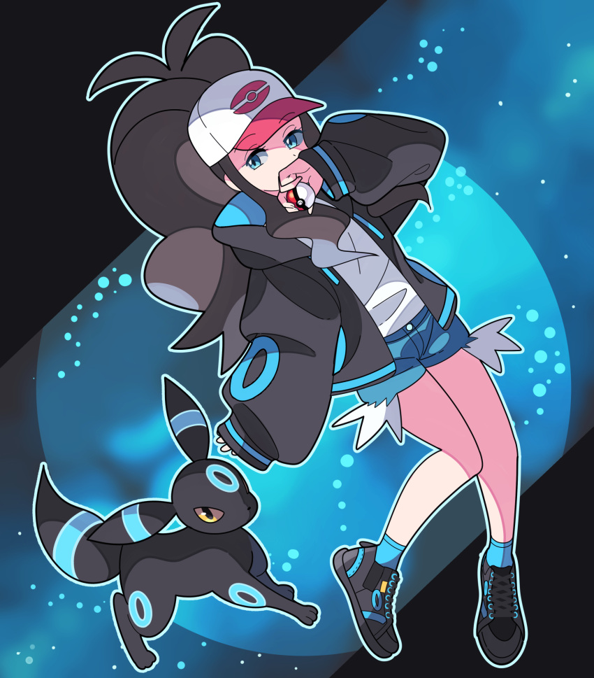 1girl adapted_costume alternate_color antenna_hair baseball_cap black_footwear boots brown_hair commentary_request covering_mouth eyelashes hand_up hat highres hilda_(pokemon) holding holding_poke_ball hood hood_down hooded_jacket jacket knees_together_feet_apart long_hair long_sleeves open_clothes open_jacket outline poke_ball poke_ball_(basic) poke_ball_print pokemon pokemon_(game) pokemon_bw shiny_pokemon shirt shoes short_shorts shorts sidelocks sneakers socks sutokame umbreon white_headwear