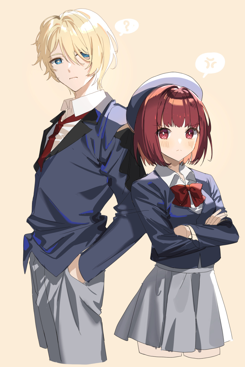 1boy 1girl ? anger_vein arima_kana beret blazer blonde_hair blue_eyes blue_headwear blue_jacket blush bob_cut bow bowtie closed_mouth collared_shirt commentary_request cropped_jacket cropped_legs crossed_arms grey_pants grey_skirt hair_over_one_eye hands_in_pockets hat highres hoshino_aquamarine jacket korean_commentary long_sleeves looking_at_viewer mismatched_pupils mona0101 necktie oshi_no_ko pants pleated_skirt red_bow red_bowtie red_eyes red_necktie redhead school_uniform shirt short_hair simple_background skirt spoken_anger_vein spoken_question_mark star-shaped_pupils star_(symbol) symbol-shaped_pupils white_shirt yellow_background youtou_high_school_uniform