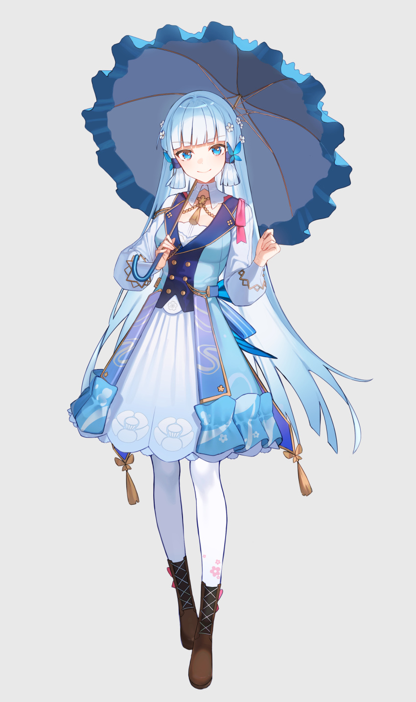 1girl absurdres blue_dress blue_eyes blue_hair blue_jacket blunt_bangs blunt_tresses boots brown_footwear butterfly_hair_ornament closed_mouth cross-laced_footwear dress genshin_impact grey_background hair_ornament hand_up highres holding holding_umbrella jacket jewelry kamisato_ayaka kamisato_ayaka_(springbloom_missive) lace-up_boots long_bangs long_hair looking_at_viewer necklace pantyhose raised_eyebrows shotgunman sidelocks simple_background smile solo straight-on straight_hair umbrella white_pantyhose