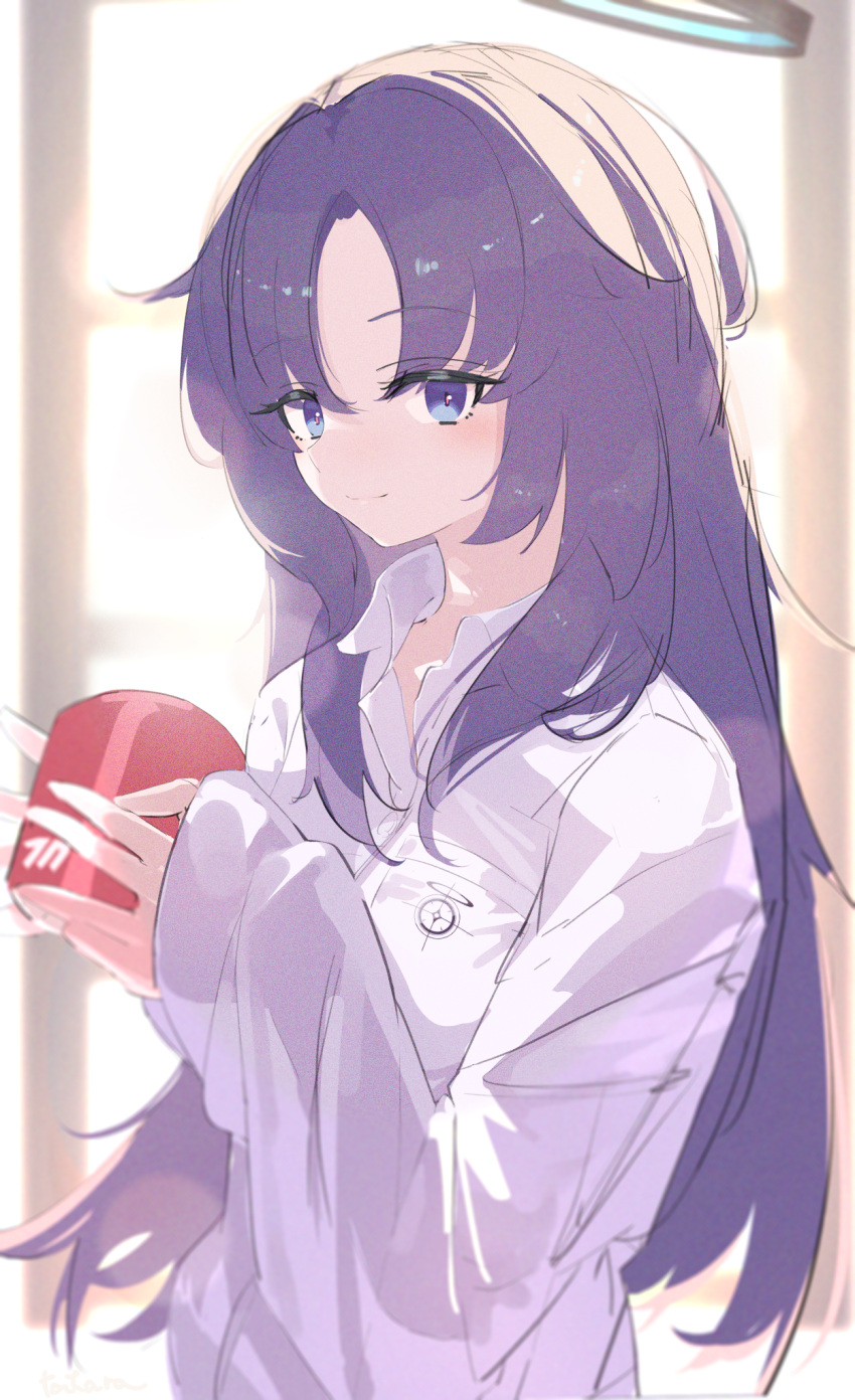 1girl blue_archive collared_shirt commentary cup hair_down halo highres long_hair long_sleeves looking_at_viewer mug parted_bangs purple_hair shirt sleeves_past_wrists solo tatara_(alnath_may) violet_eyes yuuka_(blue_archive)