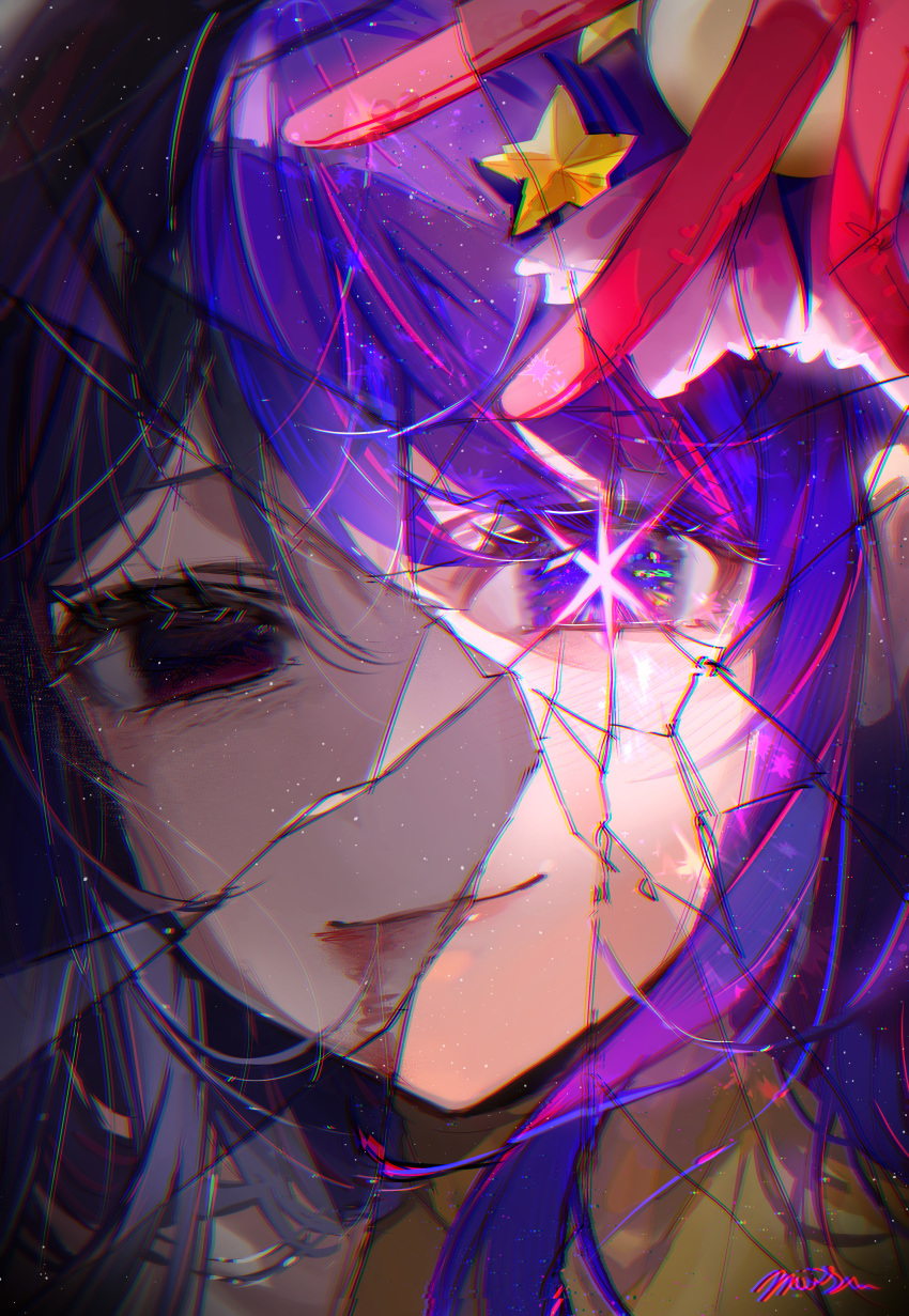1girl absurdres blood blood_from_mouth commentary cracked_glass death empty_eyes floating_hair gloves hair_between_eyes hair_ornament highres hoshino_ai_(oshi_no_ko) light_particles long_hair looking_at_viewer messy_hair misu_(miisuuu) multicolored_hair oshi_no_ko pink_gloves pink_hair portrait purple_hair rabbit_hair_ornament sidelocks signature solo split_theme spoilers star-shaped_pupils star_(symbol) star_hair_ornament streaked_hair symbol-shaped_pupils turtleneck v violet_eyes