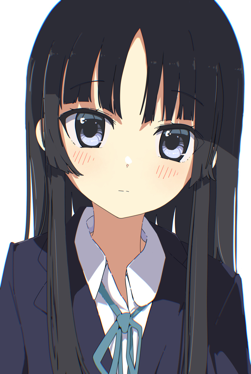 1girl absurdres akiyama_mio black_hair blazer blue_ribbon blush collared_shirt commentary_request expressionless highres jacket k-on! long_hair looking_to_the_side nbjdnhgfm neck_ribbon parted_bangs revision ribbon sakugawa_school_uniform school_uniform shirt solo upper_body violet_eyes winter_uniform