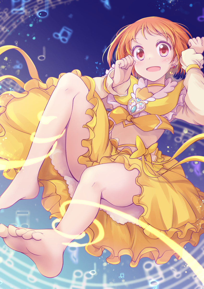 1girl absurdres bare_legs bow brooch bubble_skirt choker circlet cure_muse_(yellow) earrings heart heart_brooch henshin highres jewelry long_sleeves magical_girl musical_note muusu open_mouth orange_hair precure red_eyes sailor_collar shirabe_ako short_hair skirt smile solo suite_precure yellow_bow yellow_choker yellow_skirt