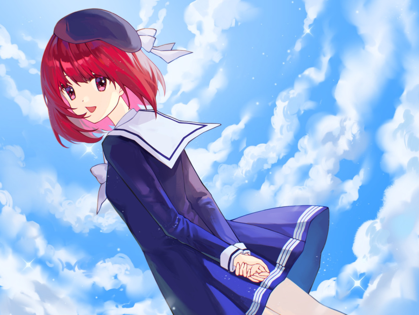 1girl arima_kana beret blue_dress blue_headwear bow bowtie clouds commentary cowboy_shot day dress dutch_angle floating_hair hat hat_bow hat_ribbon highres light_particles long_sleeves looking_at_viewer looking_back medium_hair open_mouth oshi_no_ko outdoors pleated_dress red_eyes redhead ribbon sailor_collar sailor_dress school_uniform sky smile solo sparkle white_bow white_bowtie white_ribbon white_sailor_collar xiang_yu_pai