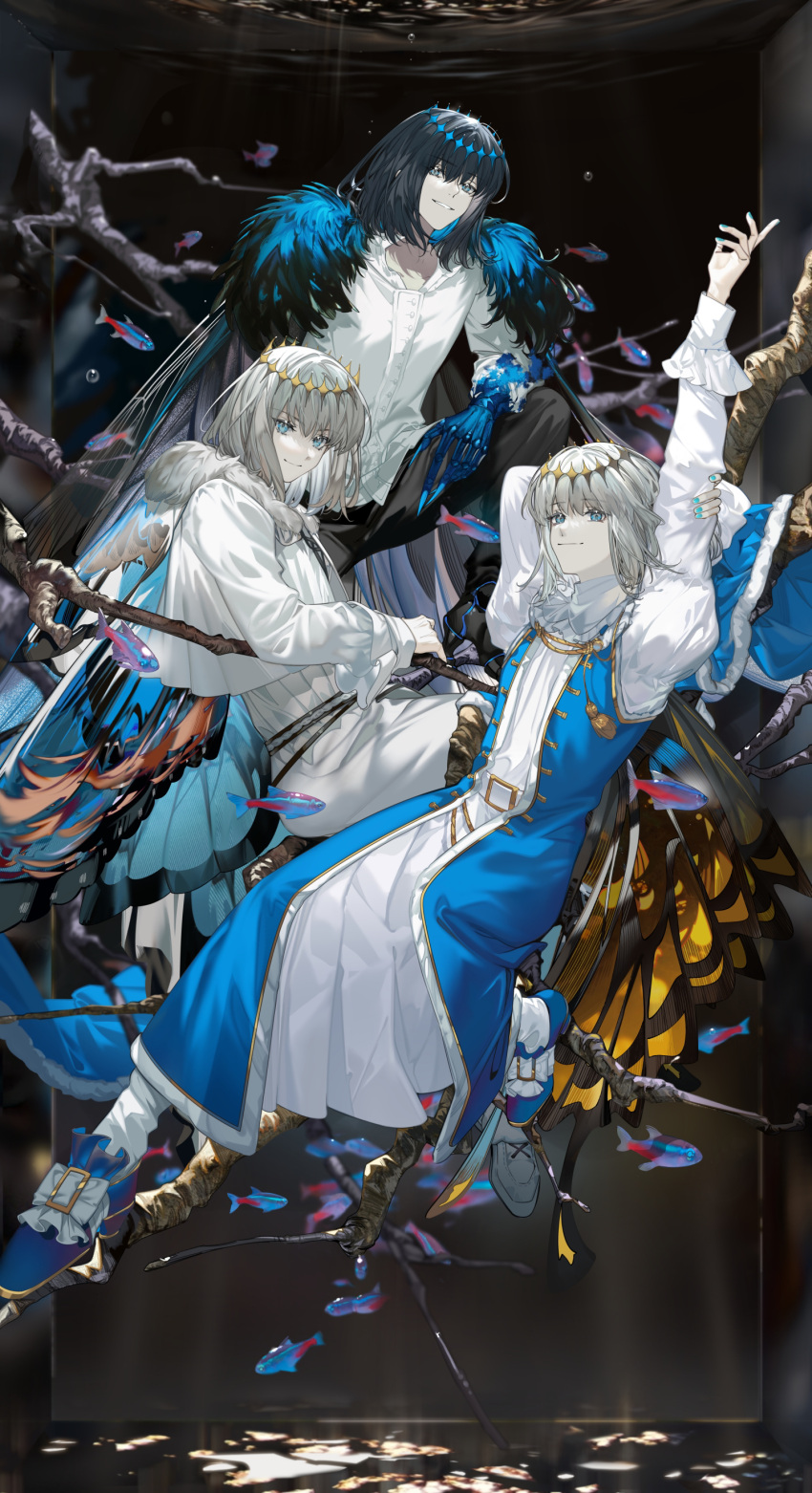 3boys absurdres arlizi arthropod_boy black_hair blue_cloak blue_eyes cape cloak collared_shirt crown diamond_hairband dragonfly_wings fate/grand_order fate_(series) fish full_body fur-trimmed_cape fur-trimmed_cloak fur_trim grey_hair highres insect_wings long_sleeves looking_at_viewer male_focus medium_hair multiple_boys multiple_persona oberon_(fate) oberon_(third_ascension)_(fate) shirt solo stretching white_cloak white_shirt wings