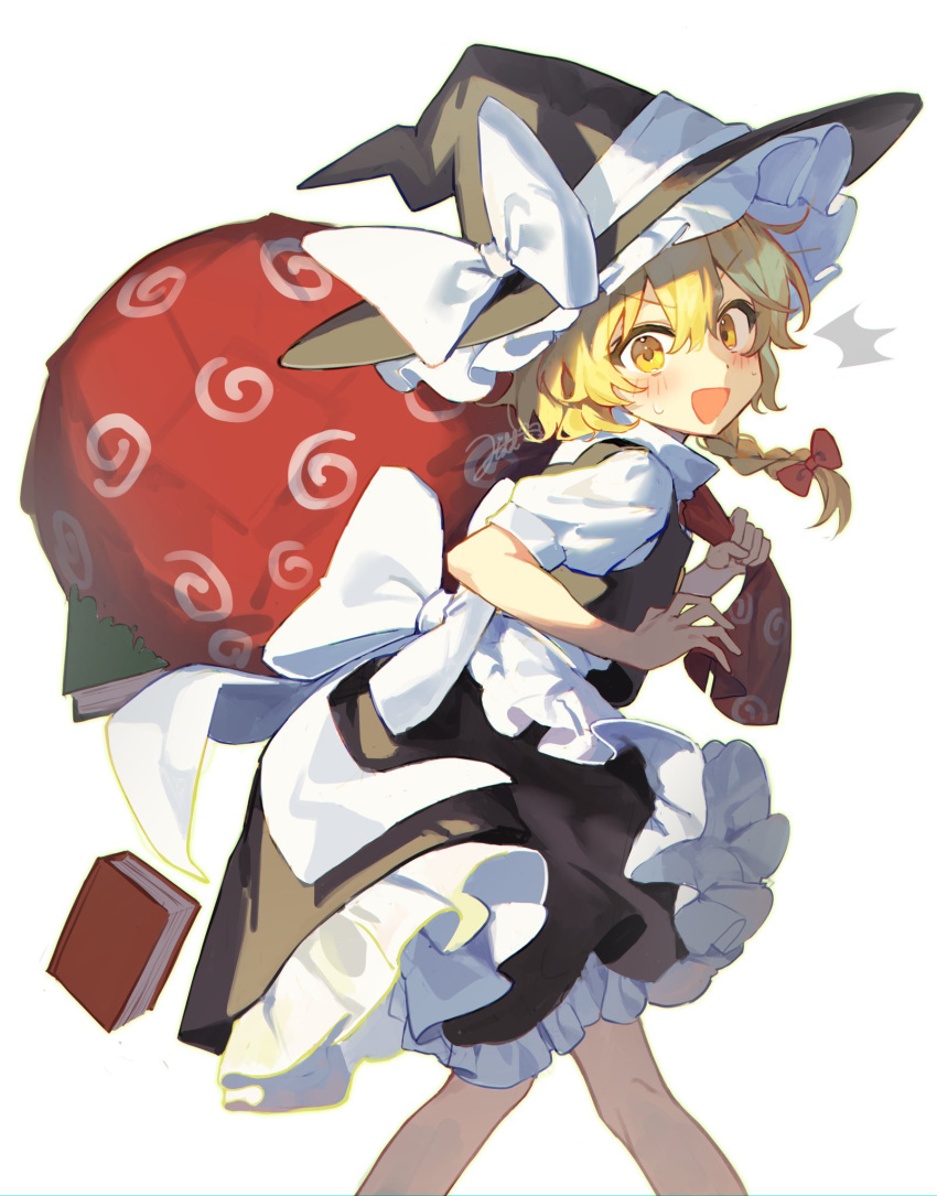 1girl black_headwear black_skirt black_vest blonde_hair blush book bow feet_out_of_frame frilled_skirt frills hair_between_eyes hat hat_bow highres holding holding_sack jill_07km kirisame_marisa long_hair open_mouth puffy_short_sleeves puffy_sleeves sack shirt short_sleeves signature simple_background skirt solo touhou vest white_background white_bow white_shirt witch_hat yellow_eyes