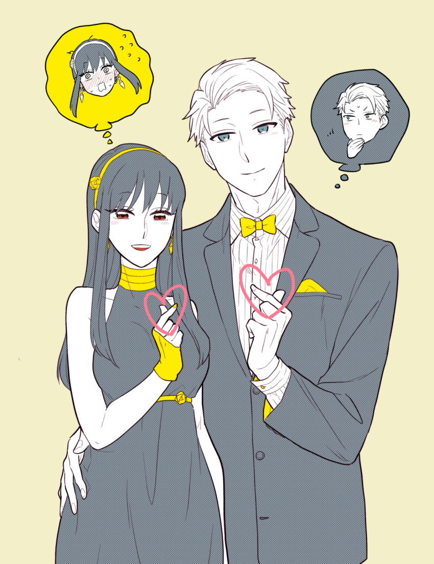 1boy 1girl bare_shoulders black_hair blush breasts dress earrings formal gold_earrings gold_hairband hair_ornament hairband highres husband_and_wife jewelry long_hair long_sleeves monochrome open_mouth shirt simple_background smile spy_x_family sunbo_zatta twilight_(spy_x_family) yor_briar
