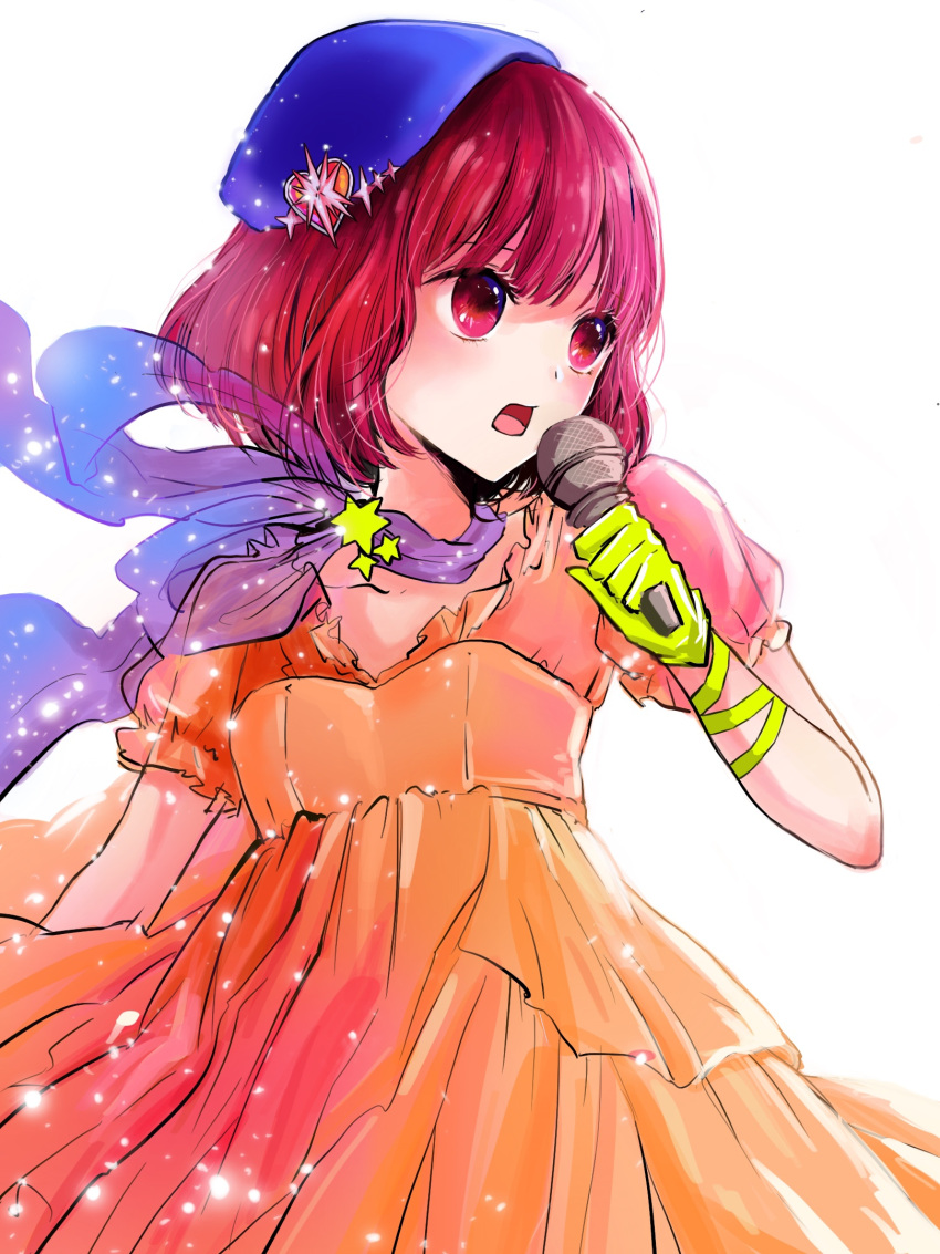 1girl arima_kana beret blue_headwear bob_cut collarbone commentary cowboy_shot dress floating_hair gloves hair_between_eyes hat highres holding holding_microphone idol idol_clothes microphone music no_pupils open_mouth orange_dress oshi_no_ko puffy_short_sleeves puffy_sleeves purple_scarf red_eyes redhead scarf see-through see-through_sleeves short_hair short_sleeves simple_background singing solo sparkle white_background xiang_yu_pai yellow_gloves