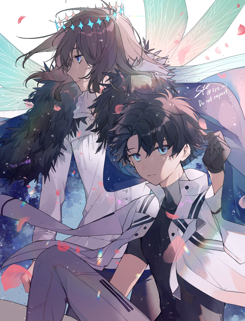 2boys arthropod_boy black_gloves black_hair black_shirt blue_eyes cape chaldea_uniform crown diamond_hairband dragonfly_wings fate/grand_order fate_(series) fujimaru_ritsuka_(male) fur-trimmed_cape fur_trim gloves highres insect_wings jacket jacket_on_shoulders long_sleeves looking_at_viewer male_focus medium_hair multiple_boys oberon_(fate) oberon_(third_ascension)_(fate) petals profile shirt short_hair signature simple_background syerii white_background white_jacket white_shirt wings