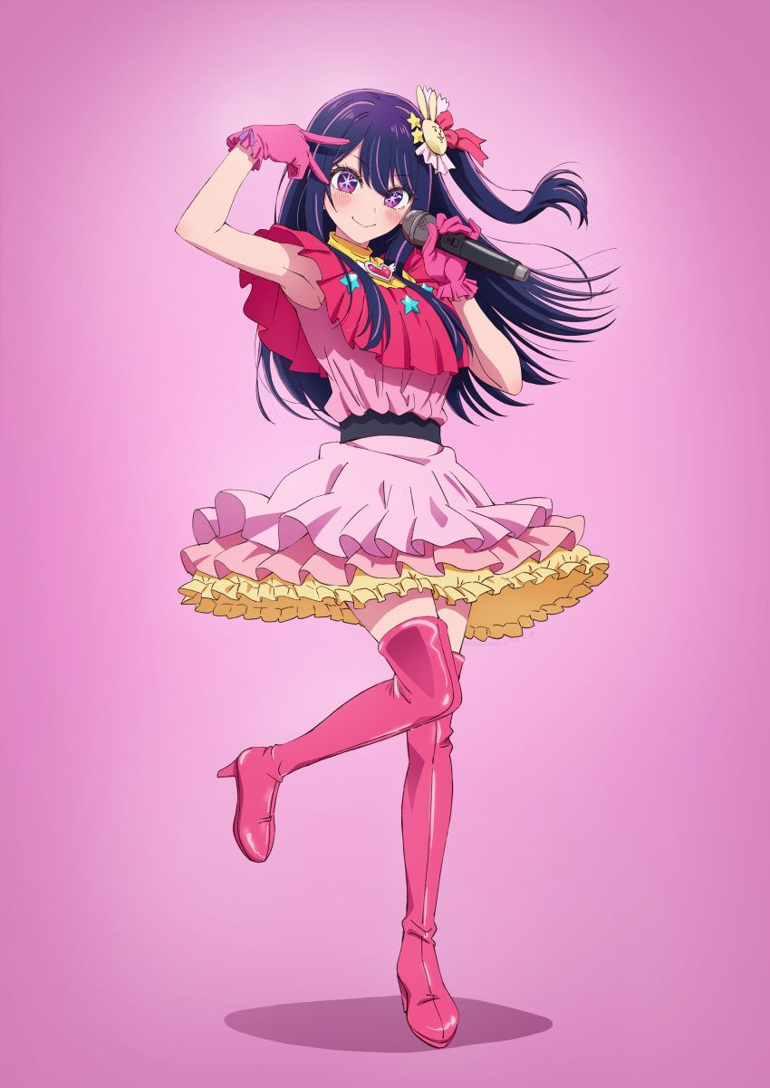 1girl absurdres belt black_belt blush boots brooch cat-opa-25 closed_mouth commentary dress floating_hair frilled_dress frilled_gloves frills full_body gloves hair_between_eyes hair_ornament hair_ribbon heart heart_brooch highres holding holding_microphone hoshino_ai_(oshi_no_ko) idol idol_clothes jewelry long_hair looking_at_viewer microphone multicolored_hair one_side_up oshi_no_ko pink_background pink_dress pink_footwear pink_gloves pink_hair pink_ribbon purple_hair rabbit_hair_ornament ribbon sidelocks smile solo star-shaped_pupils star_(symbol) star_hair_ornament streaked_hair symbol-shaped_pupils thigh_boots turtleneck_dress violet_eyes zettai_ryouiki