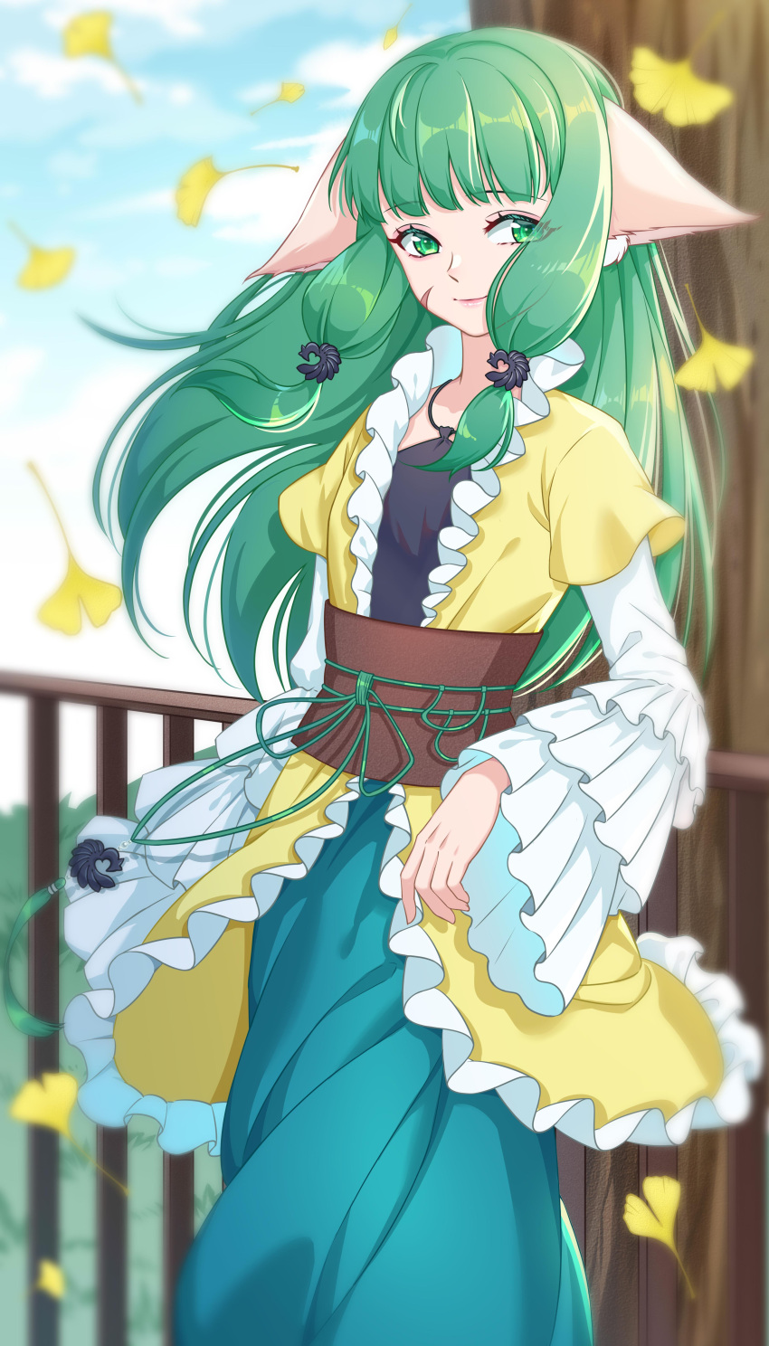 1girl absurdres against_railing against_tree animal_ears black_shirt blue_sky chinese_clothes clouds cowboy_shot ears_down facial_mark floating_hair fox_ears frilled_jacket frilled_sleeves frills ginkgo_leaf green_eyes green_hair green_skirt hanfu highres huyao_xiao_hongniang jacket kumu_zaisheng layered_sleeves leaf long_hair long_skirt long_sleeves looking_at_viewer low_tied_sidelocks outdoors railing shirt short_over_long_sleeves short_sleeves skirt sky smile solo tree tushan_rongrong white_sleeves wide_sleeves wind yellow_jacket