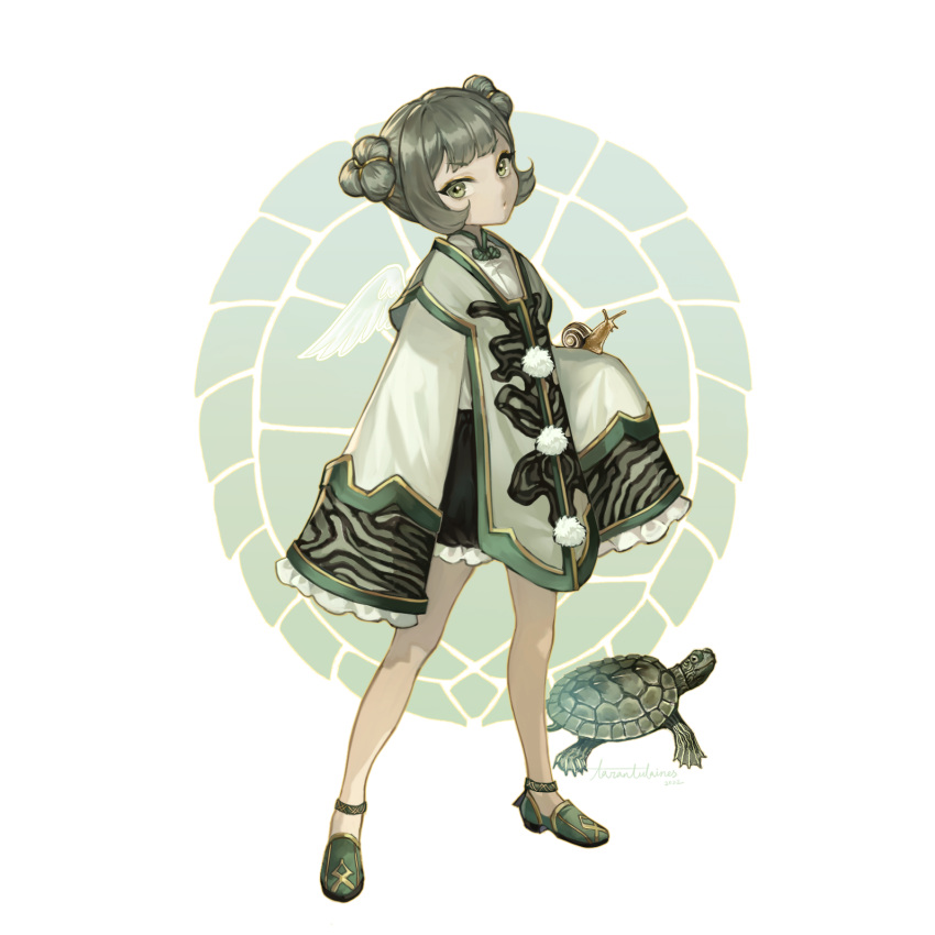 1girl angel_wings animal animal_on_hand artist_name black_skirt chinese_clothes collared_shirt creature_and_personification double_bun frilled_sleeves frills full_body green_eyes green_footwear green_hair grey_hair hair_bun highres legs_apart looking_at_viewer miniskirt original personification pom_pom_(clothes) shirt shoes sidelocks signature skirt sleeves_past_fingers sleeves_past_wrists standing tabard tarantulaines toggles tortoise transparent_wings turtle updo white_shirt white_wings wide_sleeves wings