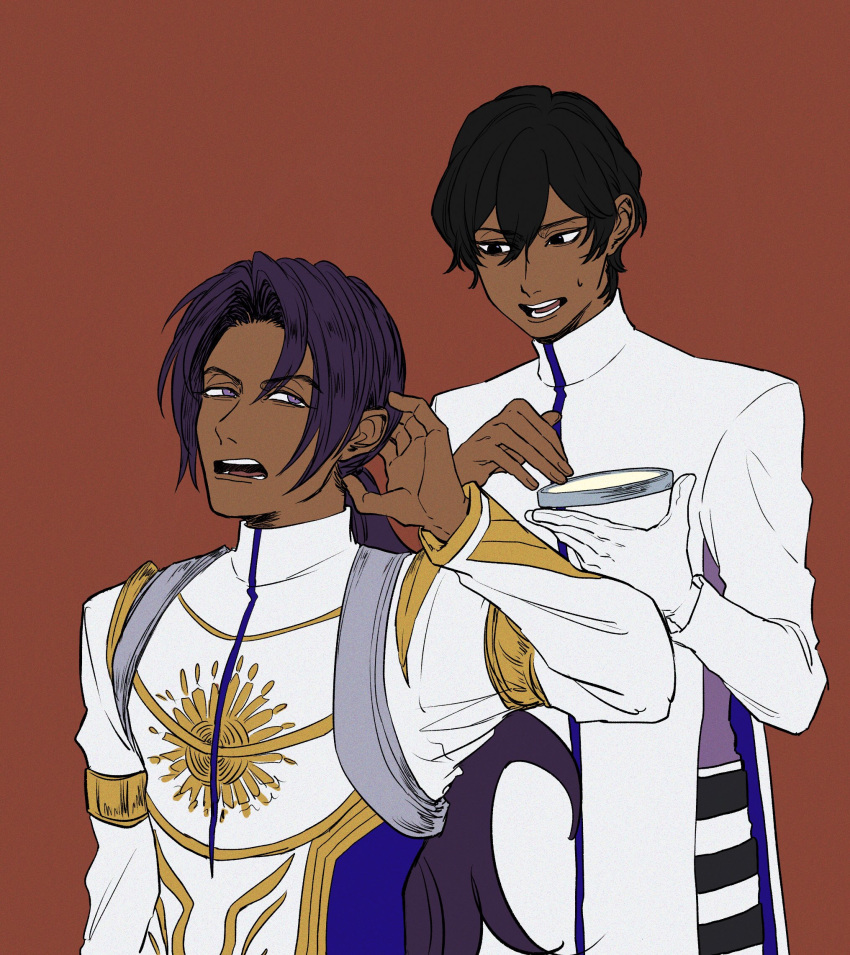 2boys arjuna_(fate) bhima_(fate) bhima_(second_ascension)_(fate) black_hair bowl brothers brown_background dark-skinned_male dark_skin fate/grand_order fate_(series) gr_msh hair_between_eyes highres holding holding_bowl long_hair long_sleeves looking_at_another male_focus multiple_boys muscular muscular_male ponytail purple_hair short_hair siblings simple_background upper_body violet_eyes