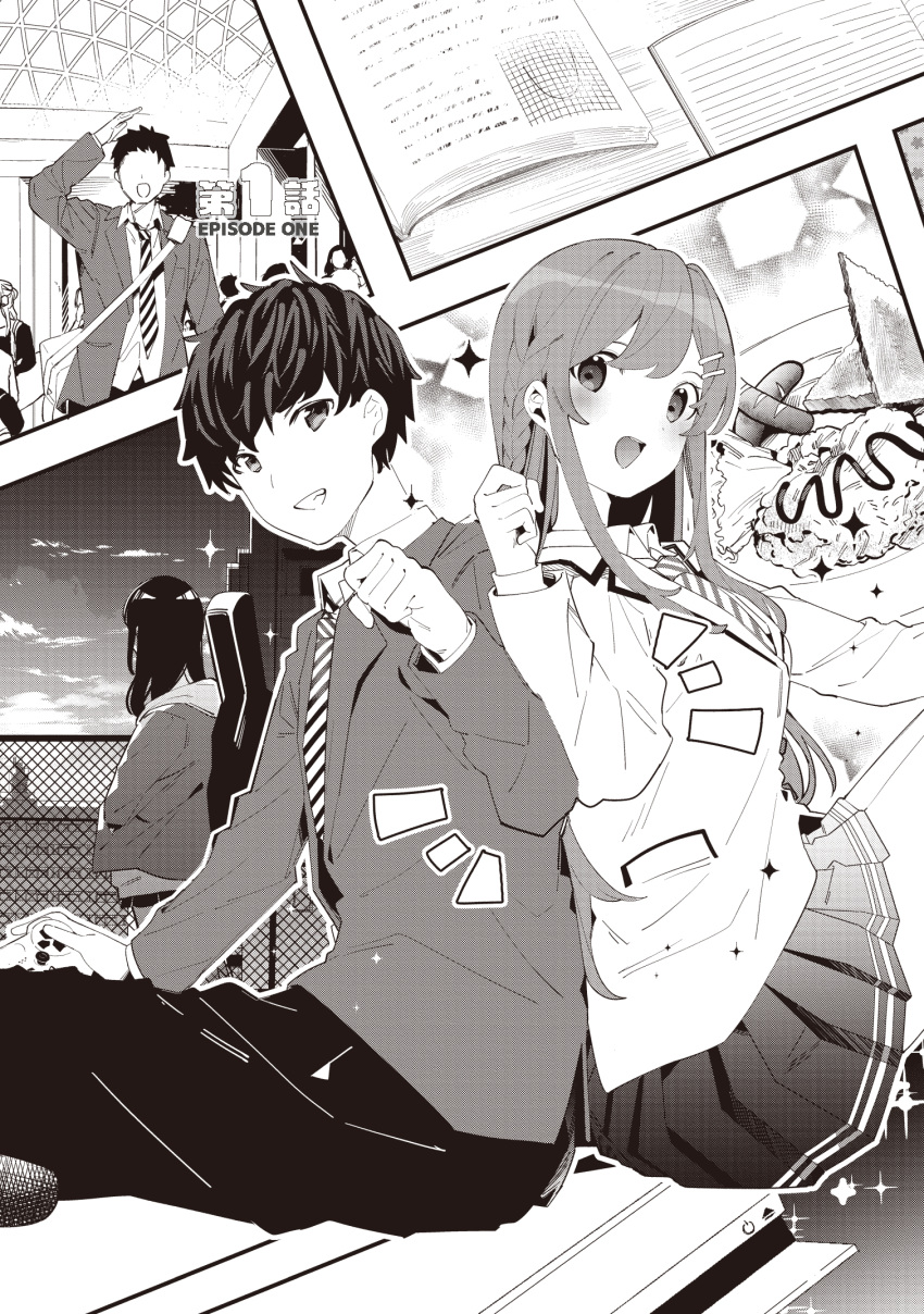 2boys 3girls :d arm_up back-to-back blazer blush braid chikuwa. clenched_hand commentary diagonal-striped_necktie faceless faceless_male food greyscale grin hair_ornament hairclip highres jacket long_hair long_sleeves monochrome multiple_boys multiple_girls notice_lines original pants pleated_skirt sausage school_uniform sitting skirt smile translation_request very_long_hair