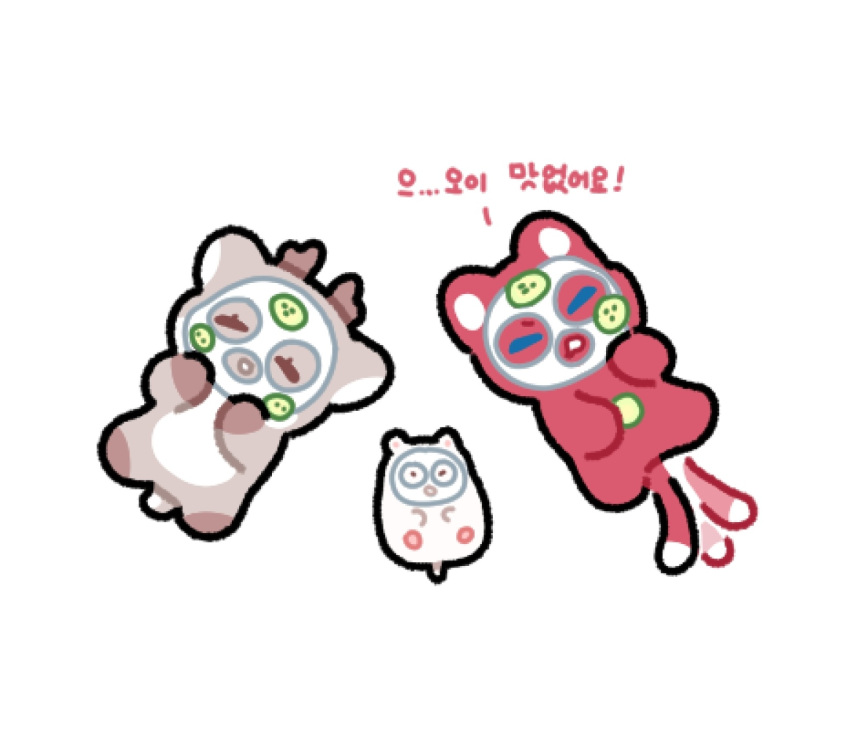 animal animal_focus animalization bae_sejin bbing_zzi cat cha_eugene chibi closed_eyes commentary_request debwi_mos_hamyeon_jugneun_byeong_geollim deer hamster highres korean_commentary korean_text lying no_humans on_back open_mouth seon_ahyun simple_background tail tail_wagging translation_request white_background
