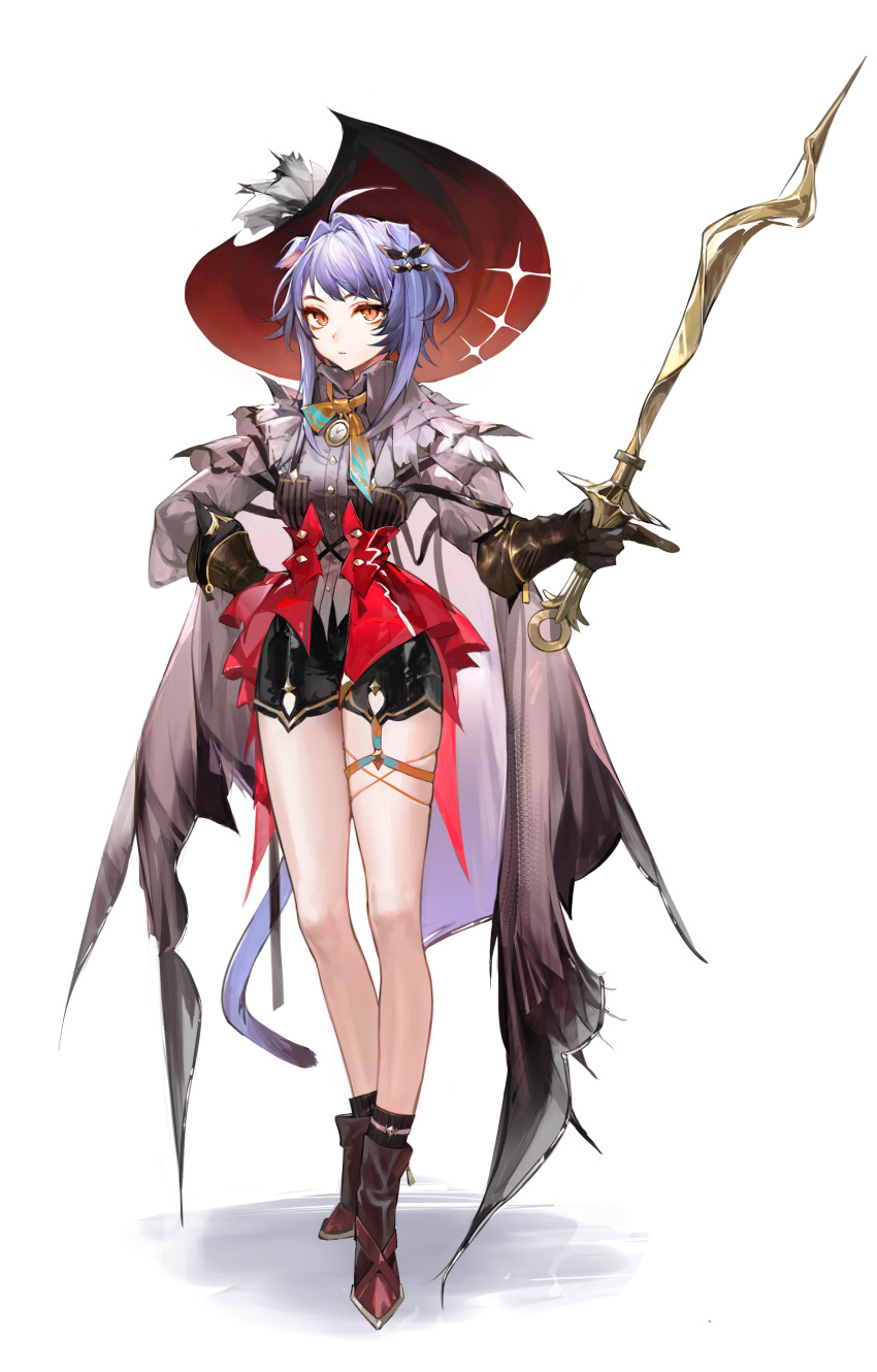 1girl absurdres ahoge animal_ears black_shorts black_socks boots breasts brown_footwear brown_gloves buttons cape clip_studio_paint_(medium) closed_mouth commentary elbow_gloves full_body gloves grey_cape grey_shirt hair_intakes hair_ornament hand_on_own_hip hat highres holding holding_sword holding_weapon long_sleeves looking_at_viewer medium_breasts moko_(moko/moko) neck_ribbon original pendant_watch purple_hair purple_tail red_eyes red_headwear ribbon shirt short_hair_with_long_locks shorts sidelocks simple_background slit_pupils socks solo standing sun_hat sword tail thigh_strap weapon white_background yellow_ribbon