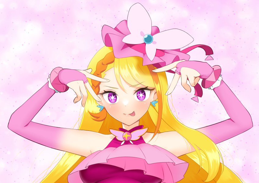 1girl absurdres blonde_hair brooch butterfly_earrings butterfly_hat cure_butterfly earrings highres hijiri_ageha hirogaru_sky!_precure hoshino_ai's_pose jewelry long_hair looking_at_viewer magical_girl midriff on_kazu oshi_no_ko pink_background pink_headwear pose_imitation precure smile solo star-shaped_pupils star_(symbol) symbol-shaped_pupils upper_body very_long_hair violet_eyes wing_brooch wing_hair_ornament