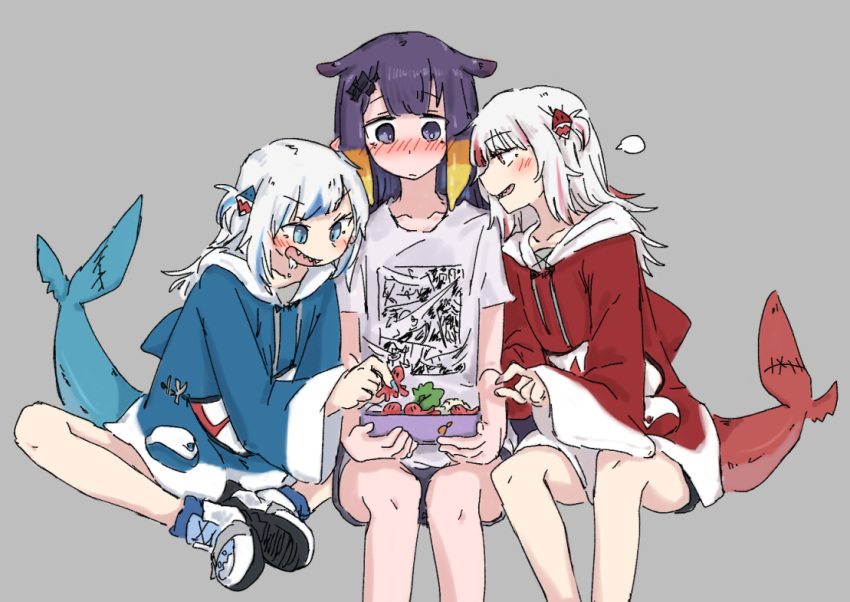 3girls =3 aoi_(aoisaka) bare_legs bento blue_eyes blue_hair blush butterfly_sitting commentary drawstring dual_persona english_commentary fins fish_tail food food_art gawr_gura gawr_gura_(1st_costume) girl_sandwich grey_background hololive hololive_english hood hood_down long_hair long_sleeves multicolored_hair multiple_girls ninomae_ina'nis_(5th_costume) no_pants open_mouth purple_hair red_eyes redhead reflect_(gawr_gura) sandwiched shark_tail sharp_teeth shirt simple_background sitting streaked_hair t-shirt tail tako-san_wiener teeth two-tone_hair two_side_up virtual_youtuber white_hair white_shirt wide_sleeves