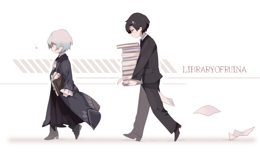 1boy 1girl angela_(project_moon) ascot black_dress black_footwear black_hair black_jacket black_pants blue_hair book chinese_commentary closed_mouth coat commentary_request copyright_name dress formal frilled_sleeves frills grey_coat haokoooo highres holding holding_book jacket library_of_ruina light_blue_hair long_dress long_sleeves open_clothes open_coat pants papers project_moon roland_(library_of_ruina) shirt short_hair smile suit walking white_ascot white_shirt