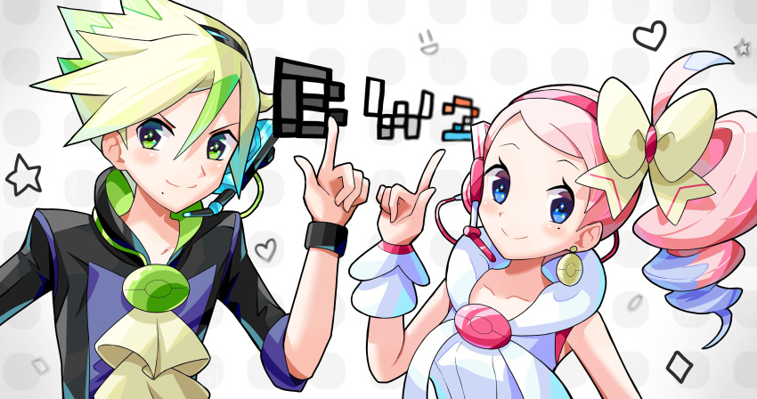 1boy 1girl absurdres black_wristband blue_eyes blush bow closed_mouth collarbone commentary_request curtis_(pokemon) drill_hair earrings ffccll green_eyes green_hair hand_up headset heart highres idol_clothes index_finger_raised jewelry long_hair mole mole_under_eye pink_hair poke_ball_print pokemon pokemon_(game) pokemon_bw2 short_hair smile star_(symbol) upper_body wrist_cuffs yancy_(pokemon) yellow_bow