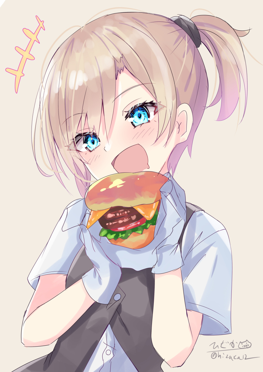 +++ 1girl :d absurdres black_vest blue_eyes blush brown_background brown_hair burger commentary_request drooling food gloves hair_between_eyes hands_up head_tilt highres hizaka holding holding_food kantai_collection looking_at_viewer maikaze_(kancolle) mouth_drool one-hour_drawing_challenge ponytail shirt short_hair short_sleeves signature simple_background smile solo twitter_username upper_body vest white_gloves white_shirt