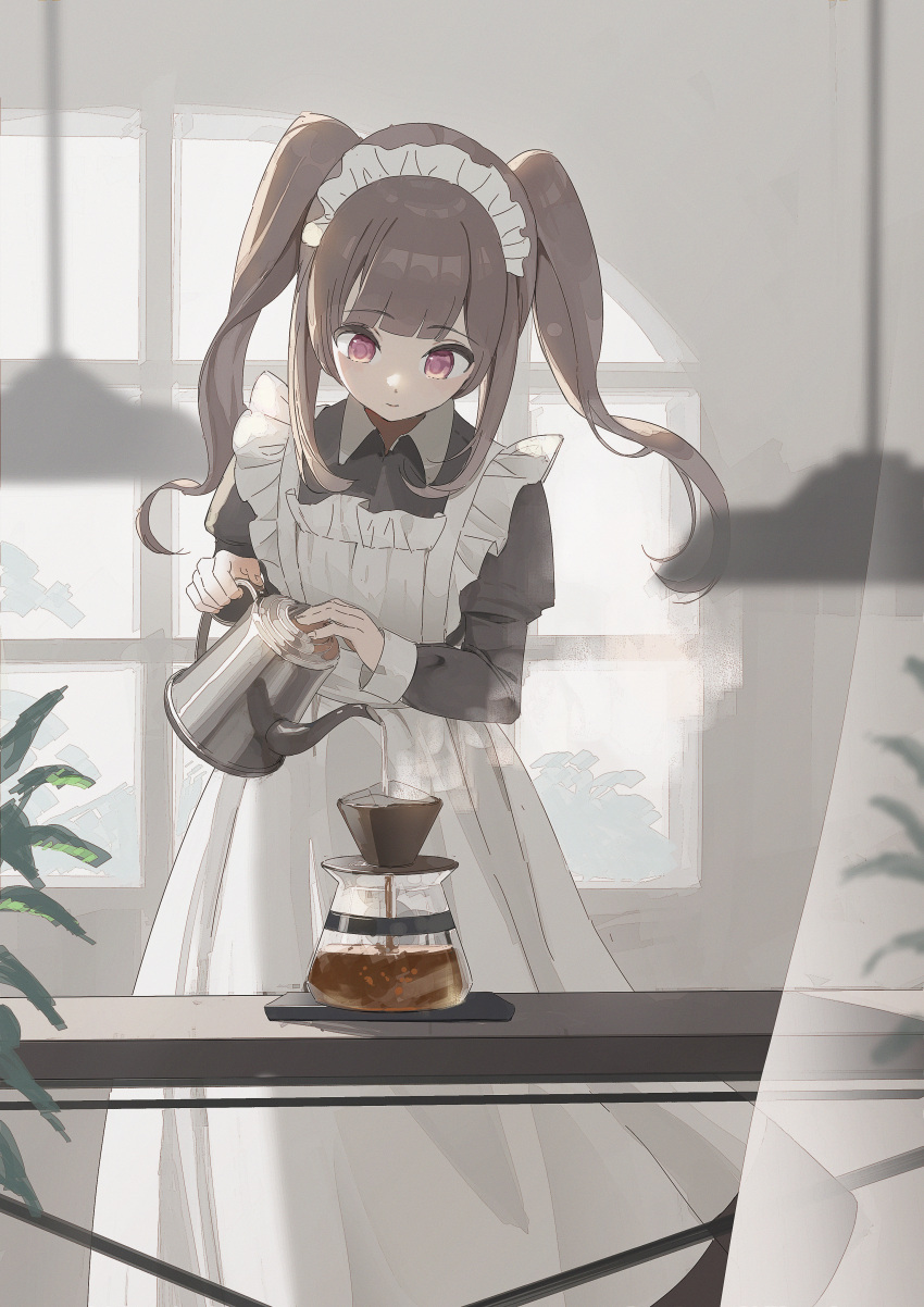 1girl absurdres apron black_dress blurry blurry_foreground brown_hair closed_mouth coffee coffee_pot collared_dress commentary_request commission curtains depth_of_field dress frilled_apron frills highres indoors juliet_sleeves long_hair long_sleeves maid maid_apron maid_headdress original pixiv_commission pouring puffy_sleeves shii_(kairi-t-k0317) smile solo table transparent twintails violet_eyes white_apron window