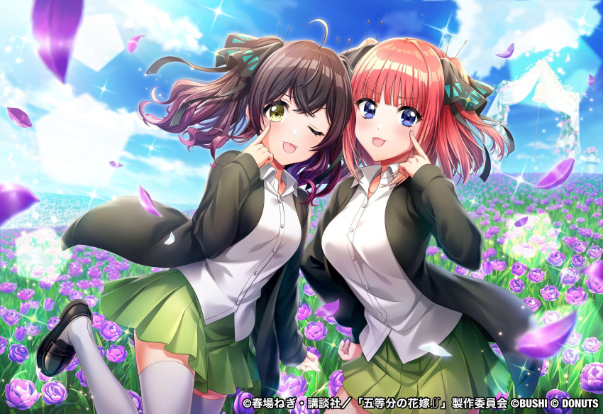 2girls absurdres black_bow black_footwear black_jacket blue_eyes blue_sky bow brown_hair clouds collared_shirt cosplay crossover d4dj day dress_shirt floating_hair flower go-toubun_no_hanayome green_skirt hair_bow highres index_finger_raised jacket long_hair long_sleeves looking_at_viewer miniskirt multiple_girls nakano_nino nakano_nino_(cosplay) ohnaruto_muni one_eye_closed open_clothes open_jacket outdoors petals pleated_skirt purple_flower redhead school_uniform shirt skirt sky sparkle thigh-highs tongue tongue_out twintails white_shirt white_thighhighs wing_collar yellow_eyes zettai_ryouiki