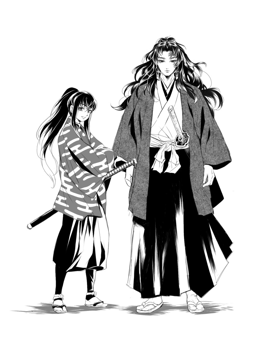 2boys aged_up alternate_universe arms_at_sides crossed_arms demon_slayer_uniform earrings egasumi expressionless facial_mark floating_hair full_body greyscale hakama hanafuda_earrings hands_in_opposite_sleeves haori height_difference high_ponytail highres japanese_clothes jewelry katana kimetsu_no_yaiba kimono long_hair long_sleeves looking_at_viewer looking_to_the_side male_focus monochrome multicolored_hair multiple_boys pants_tucked_in ponytail shin_guards sidelocks simple_background smile standing streaked_hair sword tabi tagimane01 tokitou_yuichirou very_long_hair weapon wide_sleeves zouri