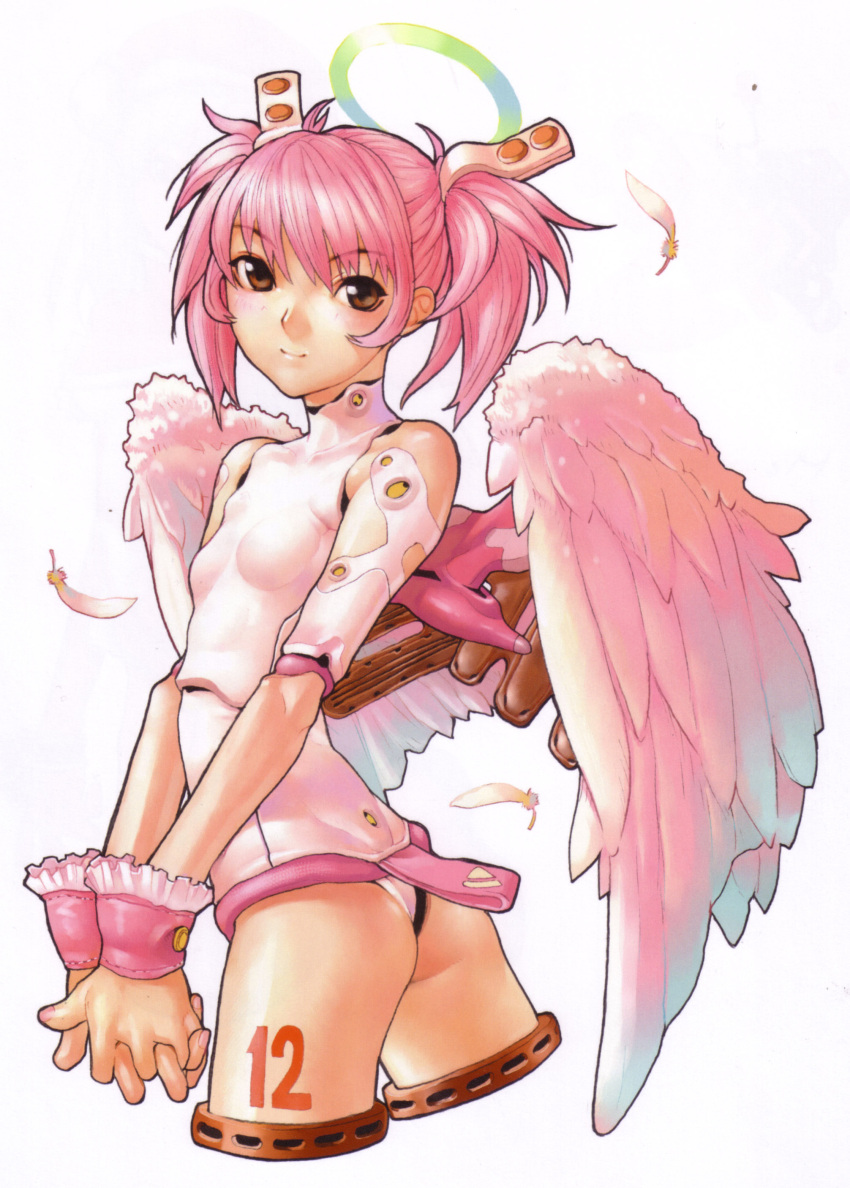 android angel angel_wings ass blush bracelet brown_eyes detached_sleeves doll_joints feathers flat_chest frills from_behind hair_ornament hakua_ugetsu halo hands_clasped highres leotard looking_back nail_polish pink pink_hair portrait scan short_hair short_twintails simple_background smile solo tattoo turtleneck twintails wings wrist_cuffs