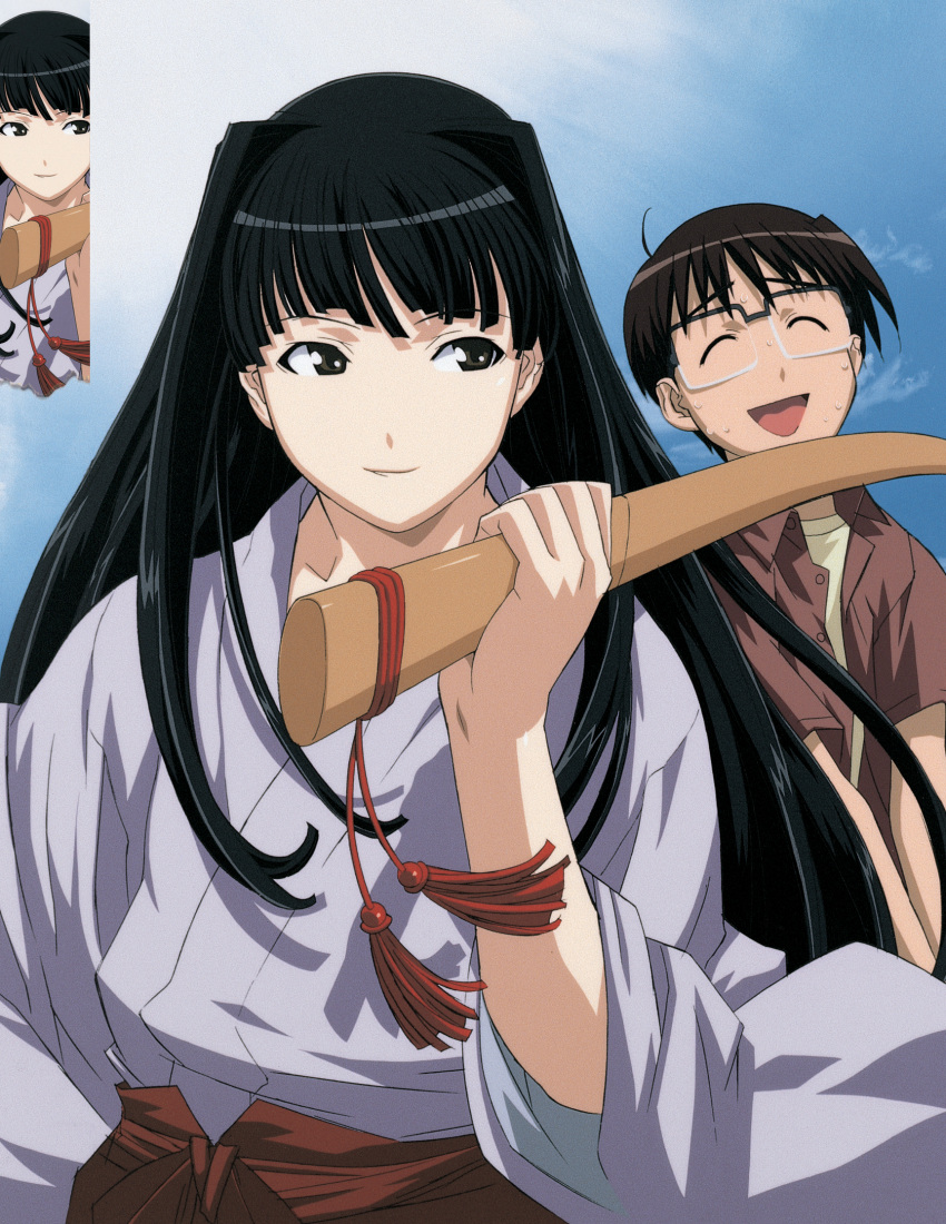 aoyama_motoko black_eyes black_hair closed_eyes glasses hakama highres japanese_clothes long_hair love_hina official_art smile sweat sword urashima_keitarou weapon