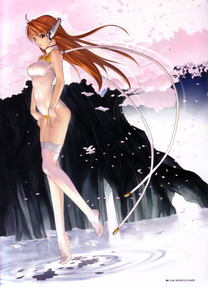 absurdres cable cherry_blossoms floating hakua_ugetsu one-piece orange_hair petals scan solo thigh-highs water