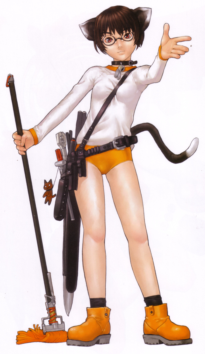 animal_ears bare_legs boots brown_hair choker collar flat_chest glasses hakua_ugetsu highres glasses mop nekomimi outstretched_hand panties red_eyes scan short_hair solo sword tail tools underwear utility_belt weapon