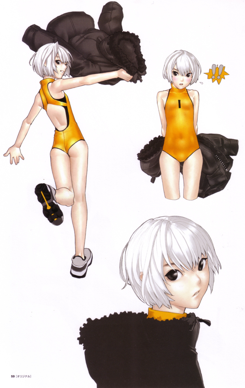 absurdres black_eyes blush coat embarrassed flat_chest from_behind fur-trimmed hakua_ugetsu highres leotard looking_back no_socks one-piece one-piece_swimsuit original profile scan shoes short_hair sneakers solo swimsuit swimsuit white_hair