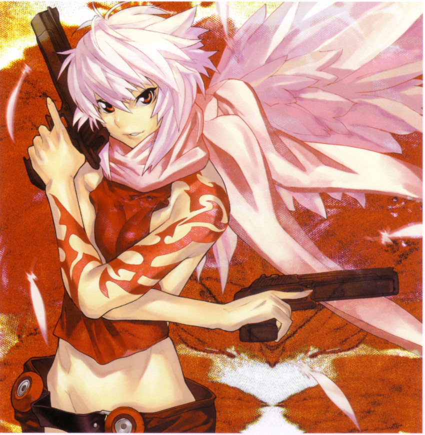 absurdres angel_wings desert_eagle dual_wield dual_wielding gun hakua_ugetsu handgun highres jo midriff pink_hair pistol portrait pose red_eyes scan scarf smile solo tattoo trigger_discipline weapon white_hair wings